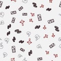 Set line Checker game chips, Domino, Bowling pin and ball and Whirligig toy on seamless pattern. Vector Royalty Free Stock Photo