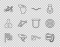 Set line Checkered flag, Stopwatch, Bicycle handlebar, helmet, frame, brake and cassette icon. Vector Royalty Free Stock Photo