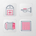 Set line Checkered napkin, Accordion, Musical instrument trumpet and Farm House icon. Vector