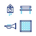 Set line Checkered napkin, Musical instrument trumpet, Bench and Retro wall watch icon. Vector