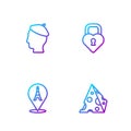 Set line Cheese, Eiffel tower, French man and Castle in the shape of heart. Gradient color icons. Vector