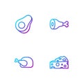 Set line Cheese, Roasted turkey or chicken, Avocado fruit and Chicken leg. Gradient color icons. Vector