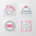 Set line Cheese, Toilet, Hotel service bell and Coffee pot icon. Vector