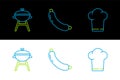 Set line Chef hat, Barbecue grill and Sausage icon. Vector
