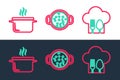 Set line Chef hat with fork and spoon, Cooking pot and soup icon. Vector