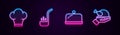 Set line Chef hat, Kitchen ladle, Covered with tray and Roasted turkey or chicken. Glowing neon icon. Vector