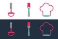 Set line Chef hat, Kitchen ladle and Fork icon. Vector