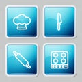 Set line Chef hat, Knife, Rolling pin and Gas stove icon. Vector