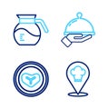 Set line Chef hat with location, Steak meat plate, Covered tray of food and Coffee pot icon. Vector