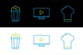 Set line Chef hat, Popcorn in cardboard box and Online play video icon. Vector