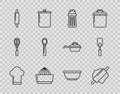 Set line Chef hat, Rolling pin, Salt, Citrus fruit juicer, Spoon, Bowl and Spatula icon. Vector Royalty Free Stock Photo
