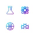 Set line Chemical formula, Basketball ball, Test tube and flask and Atom. Gradient color icons. Vector