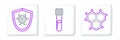 Set line Chemical formula, Biohazard symbol on shield and Test tube and flask chemical icon. Vector