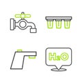 Set line Chemical formula for H2O, Water tap, filter and icon. Vector