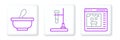 Set line Chemical online, Mortar and pestle and Test tube flask fire icon. Vector