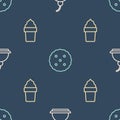 Set line Cherry cheesecake, Ice cream in waffle cone and Cookie or biscuit on seamless pattern. Vector Royalty Free Stock Photo