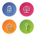 Set line Cherry jam jar, Cake on plate, Cupcake and Lollipop. Color circle button. Vector