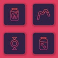 Set line Cherry jam jar, Candy, Jelly worms candy and Strawberry. Blue square button. Vector Royalty Free Stock Photo