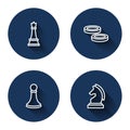 Set line Chess, Checker game chips, pawn and with long shadow. Blue circle button. Vector