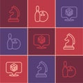 Set line Chess, Game dice and Bowling pin and ball icon. Vector Royalty Free Stock Photo