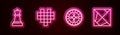 Set line Chess, Pixel hearts for game, Casino roulette wheel and Rubik cube. Glowing neon icon. Vector