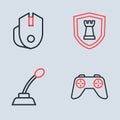 Set line Chess shield, Microphone, Game controller or joystick and Computer mouse icon. Vector