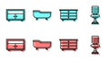 Set line Chest of drawers, Chest of drawers, Bathtub and Office chair icon. Vector