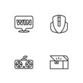 Set line Chest for game, Game controller joystick, Medal and Computer mouse icon. Vector Royalty Free Stock Photo