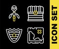 Set line Chest, Pirate treasure map, Shield and Magic staff icon. Vector Royalty Free Stock Photo