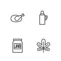 Set line Chestnut leaf, Jam jar, Roasted turkey or chicken and Thermos container icon. Vector