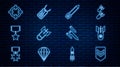 Set line Chevron, Biohazard bomb, Rocket, Aviation, Military reward medal, Target sport, and dog tag icon. Vector