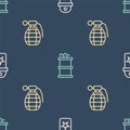 Set line Chevron, Hand grenade and smoke on seamless pattern. Vector