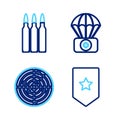 Set line Chevron, Radar with targets, Parachute first aid kit and Bullet icon. Vector