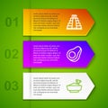 Set line Chichen Itza in Mayan, Avocado fruit and Nachos bowl. Business infographic template. Vector