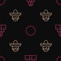 Set line Chichen Itza in Mayan, Mexican man sombrero and Sun on seamless pattern. Vector Royalty Free Stock Photo