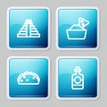 Set line Chichen Itza in Mayan, Nachos bowl, Taco with tortilla and Tequila bottle icon. Vector