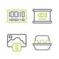 Set line Chicken egg in box, Credit card, Canned fish and Barcode icon. Vector