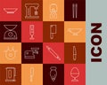Set line Chicken egg on a stand, Knife, Sauce boat, Blender, Scales, Bowl and Meat chopper icon. Vector