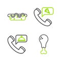 Set line Chicken leg, Food ordering, pizza and Hotdog sandwich with mustard icon. Vector