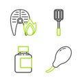 Set line Chicken leg, Sauce bottle, Spatula and Grilled fish steak and fire flame icon. Vector