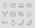 Set line Chicken leg, Watermelon, Jelly cake, Plum fruit, egg stand, Burger, Banana and Scrambled icon. Vector