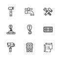 Set line Chimney, Electrical outlet, House plan, Crane hook, Hammer and wrench spanner, Water tap and icon. Vector