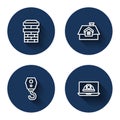 Set line Chimney, House, Crane hook and Worker safety helmet with long shadow. Blue circle button. Vector Royalty Free Stock Photo