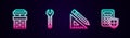 Set line Chimney, Wrench spanner, Triangular ruler and pencil and Security keypad access panel. Glowing neon icon Royalty Free Stock Photo