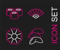 Set line Chinese fortune cookie, Flower, Paper chinese japanese folding fan and Sushi icon. Vector