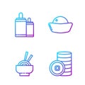 Set line Chinese Yuan currency, Asian noodles in bowl, Firework and Sushi. Gradient color icons. Vector Royalty Free Stock Photo