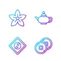 Set line Chinese Yuan currency, Yin Yang, Lotus flower and Chinese tea ceremony. Gradient color icons. Vector