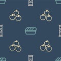 Set line Chocolate bar, Apple and Chicken nuggets in box on seamless pattern. Vector