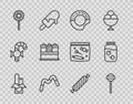 Set line Chocolate bar, Lollipop, Donut, Jelly worms candy, Cake, Candy and Strawberry jam jar icon. Vector