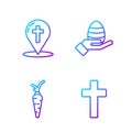 Set line Christian cross, Carrot, Map pointer with christian cross and Human hand and easter egg. Gradient color icons